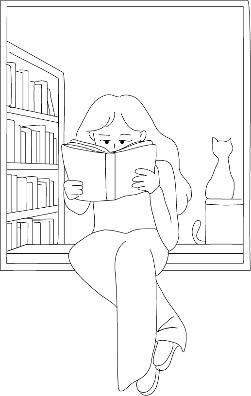 Person reading a book by a window with a cat